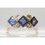 An 18ct gold sapphire and diamond ring, (approx 0.09cts as it is...one diamond missing) the square
