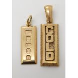 A 9ct gold ingot pendant, length with bail 3.5cm, and a 9ct 'GOLD' ingot pendant length 4.3cm weight