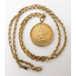 A 1881 USA Ten Dollar coin in 9ct pendant mount diameter 2.7cm, with fancy 9ct chain length 60cm,