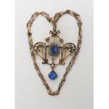 A 9ct Edwardian pendant and chain set with pearls and blue glass gems, length 5.5cm, 9ct chain