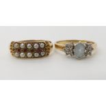 A 9ct aquamarine and diamond ring size M1/2, and a 9ct gold faux pearl and red gem ring size O,