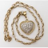 A 9ct gold gem set heart pendant length 3.5cm with belcher chain length 52cm, combined weight