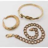 A 9ct gold gents curb link bracelet length 24cm, a 9ct gold lovers knot bangle (af) and a single