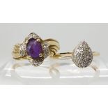 A 9ct gold amethyst and diamond ring size R1/2, and a 9ct diamond cluster ring size S1/2, weight