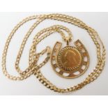 An 1898 full gold sovereign in horseshoe shaped 9ct gold pendant mount with curb chain length