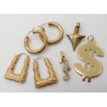 A 9ct '$' pendant length 5.5cm, a gem set seahorse pendant, an arrow head pendant and two pairs of