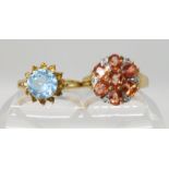 A 9ct gold pink gem and diamond accent ring, size R1/2 together with a blue and yellow gemstone