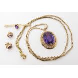 A 9ct amethyst pendant, length 3.8cm, and 9ct box chain length 62cm, with matching earrings and a