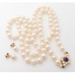 A string of cultured pearls with an amethyst and pearl 9ct clasp and stud earrings, length of pearls