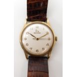 A 9ct gold gents Record watch with brown leather strap. Diameter of the dial 3.2cm, weight including