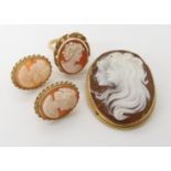 A 9ct mounted shell cameo dimensions 3.8cm x 2.8cm, 9ct cameo ring size P1/2, with similar earrings,