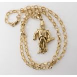 A 9ct gold pendant depicting a tipsy gentleman length 5.5cm, with unusual 9ct gold belcher chain