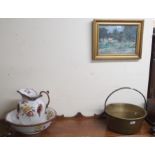 An oil on board, brass jam pan and a ewer and bowl (3) Condition Report: Available upon request