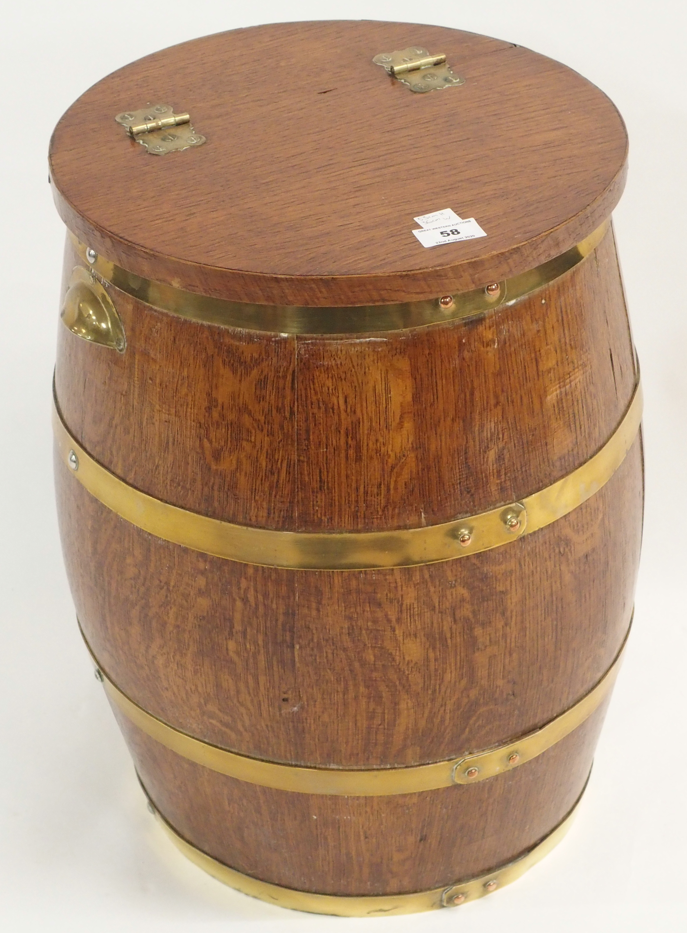 An oak brass bound barrel, 53cm high x 36cm wide Condition Report: Available upon request