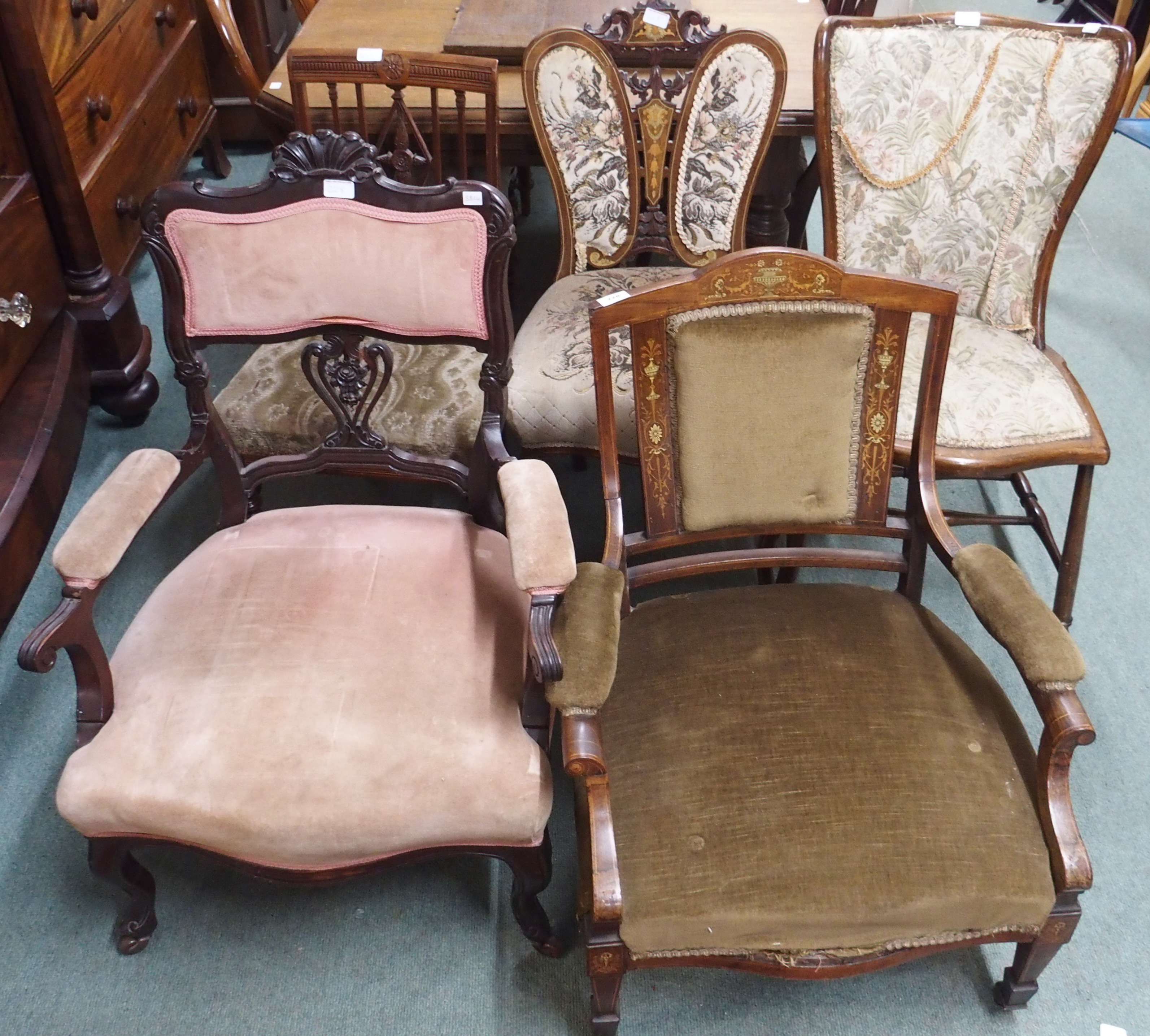 Three Victorian chairs and two pairs of chairs (def) (7) Condition Report: Available upon request
