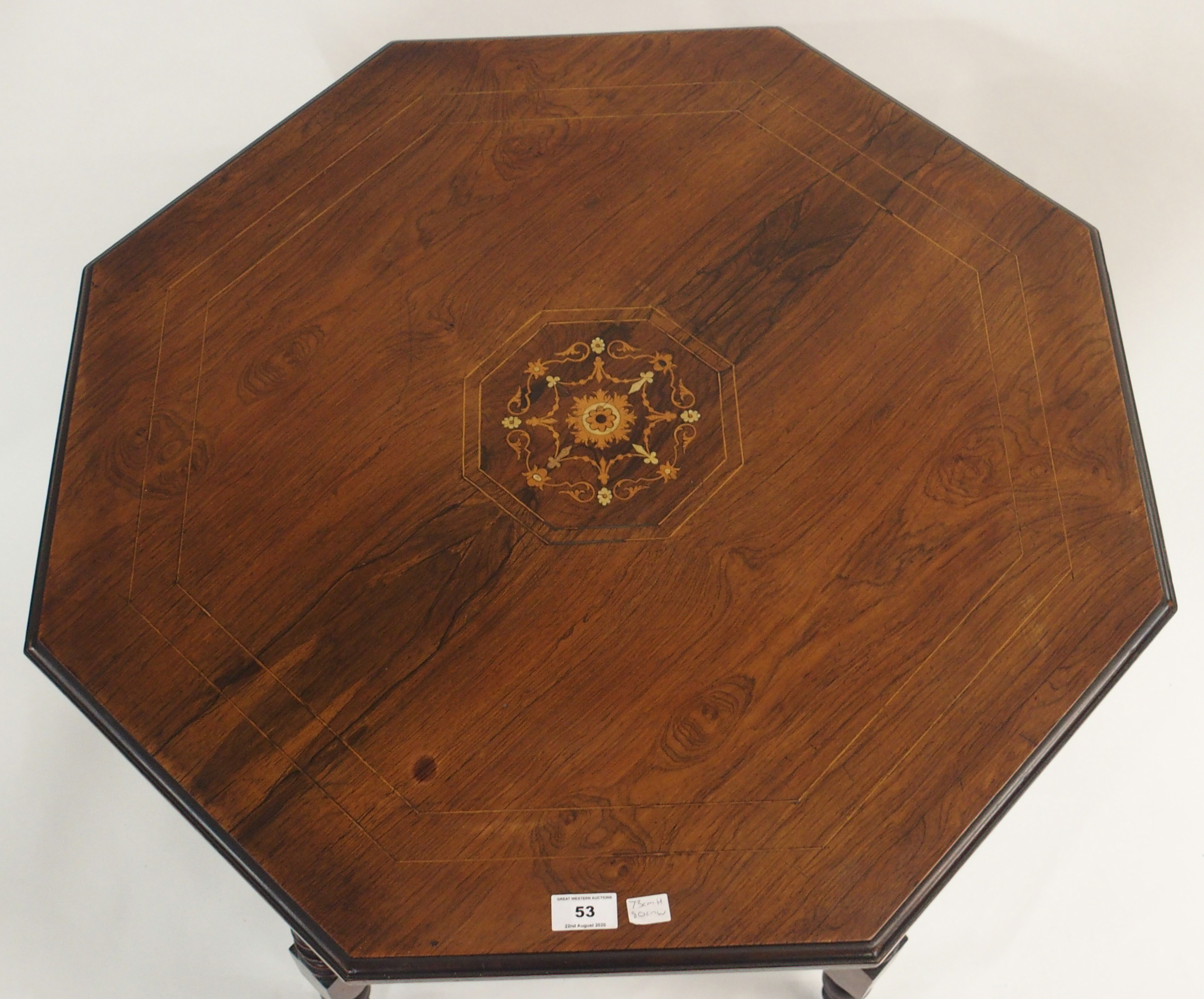 An inlaid rosewood octagonal window table, 73cm high x 80cm wide x 80cm deep Condition Report: - Image 3 of 3