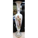 A Victorian opaque glass vase, painted with a maiden holding a brush and palette, 50cm high