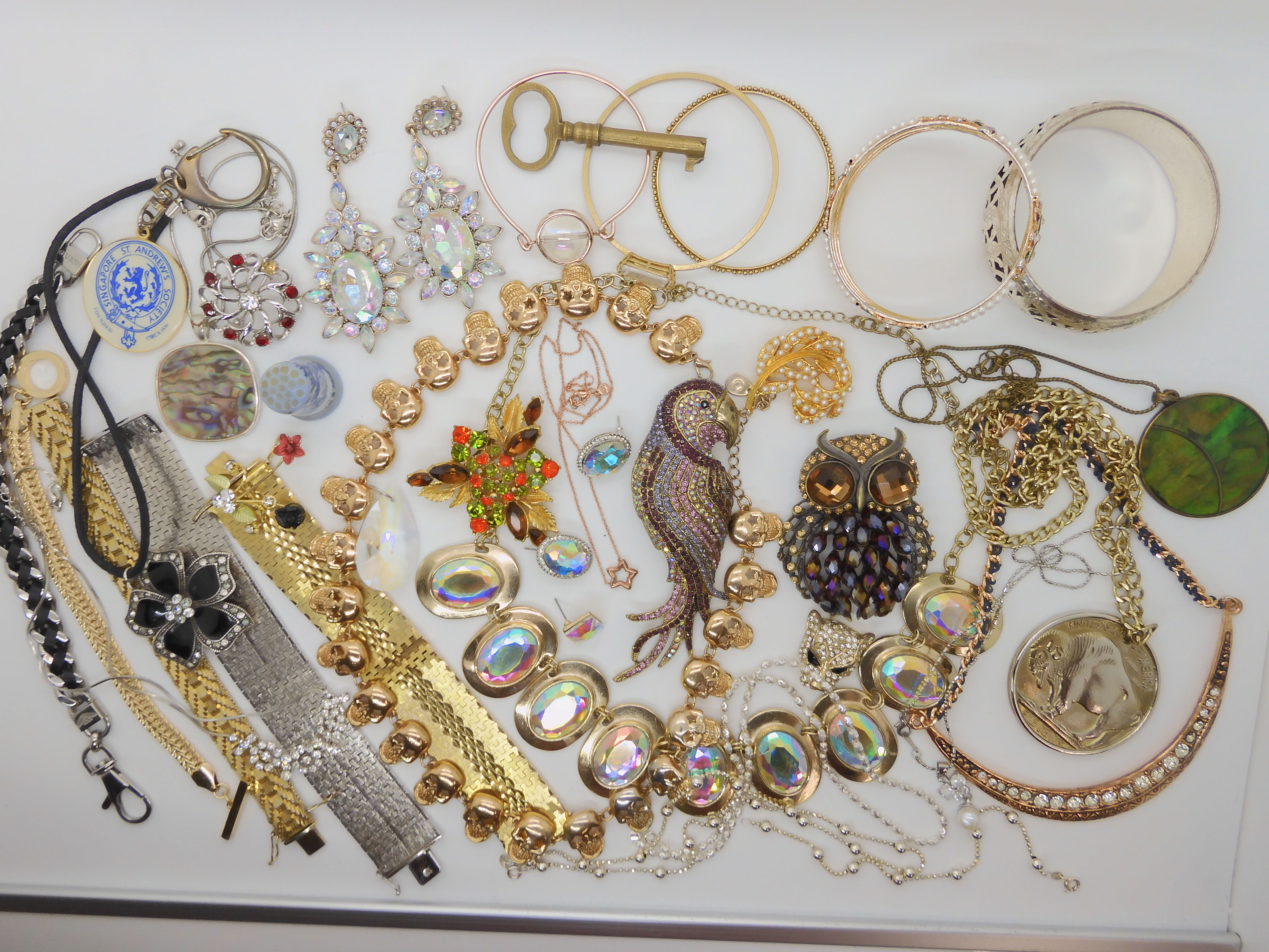 Two large parrot and owl brooches, two silver fancy chain necklaces and other items Condition