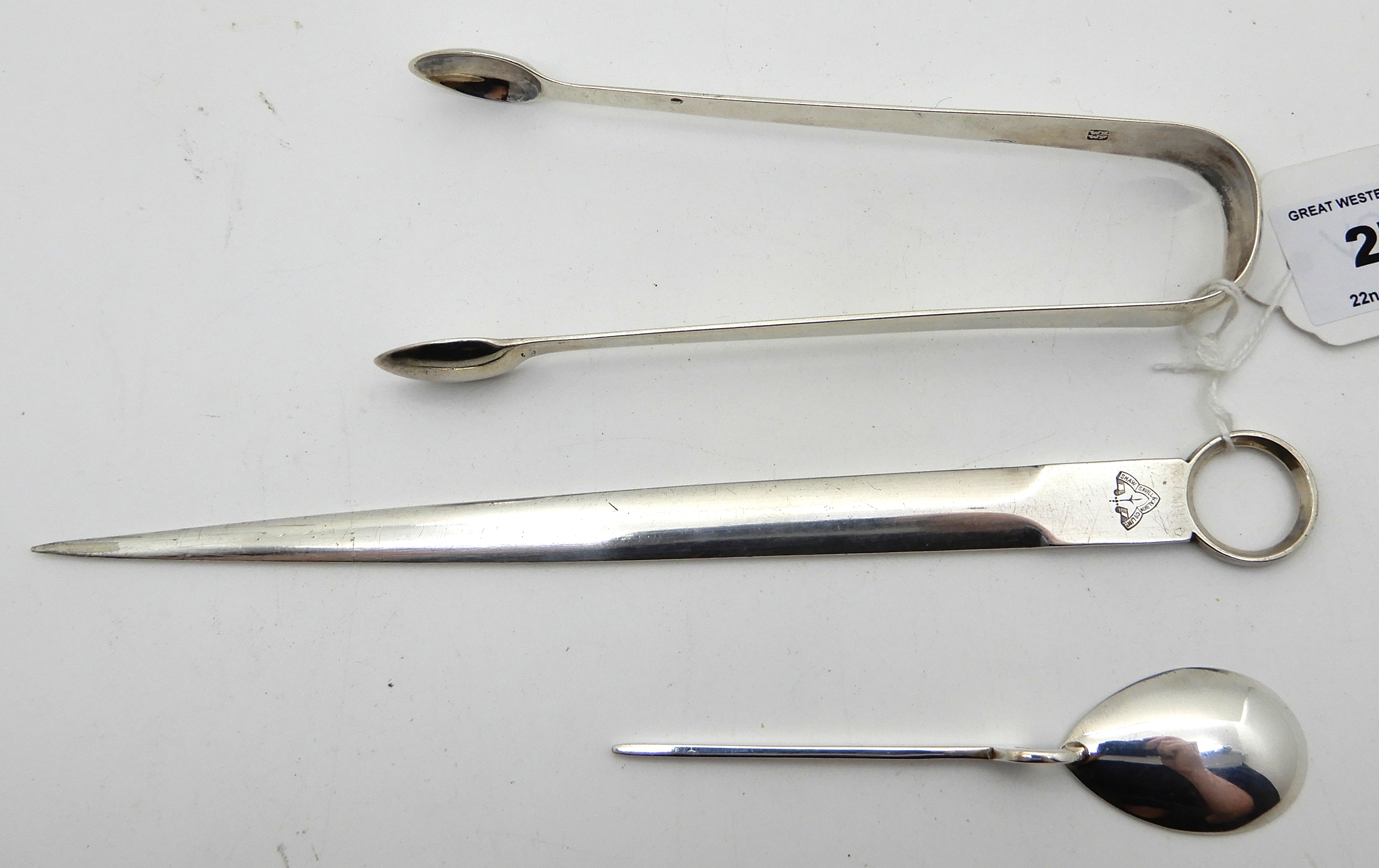 A lot comprising a pair of Georgian silver sugar tongs, London 1814, a pair of silver toddy ladles, - Image 3 of 3