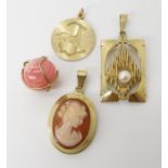 A collection of German 8ct gold items, a cameo pendant, retro pearl set pendant, a Capricorn pendant