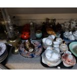 Two brass oil lamps, Carlton Ware vase and plate, two Imari plates, Steiff ginger kitten,