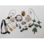 A silver and green hardstone Scandinavian style necklace, and cufflinks, butterfly wing earrings etc