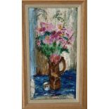 NOEL SLANEY R.S.W Pink Flowers In The Brown Vase, signed, oil on board, 47 x 25cm Condition