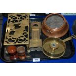 A tray lot of brass and copper including candle holder etc Condition Report: Available upon request