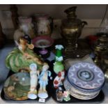 A large plaster figure of a woman, a pair of Victorian pottery vases, a pair of bisque figures and