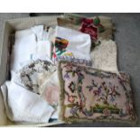 Assorted table linen, tapestry cushion and panel etc Condition Report: No condition report available