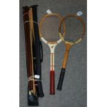 Two vintage tennis rackets and modern pool cues Condition Report: Available upon request