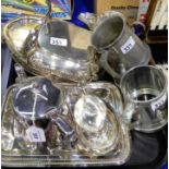 A tray lot of EP - hotelware, tankards, sauceboat etc Condition Report: Available upon request