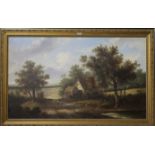 ENGLISH SCHOOL Figures before thatched cottages in an extensive woodland landscape, oil on canvas,
