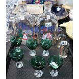 Two Holmegaard liqueur decanters and four glasses and six other tot glasses Condition Report: