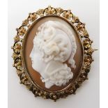 A yellow metal mounted good quality high relief cameo of a maiden, in a decorative floral themed