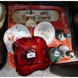 A porcelain finger plate, door handle and lock cover, red glass dish etc Condition Report: No