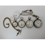 Three silver pocket watches, a ladies decorative silver fob watch, a pocket watch movement and a