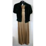 1930's brown chiffon and lace dress, a gold dress and green velvet jacket, a brown and blue lace