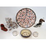 A pair of silver napkin rings, a Quimper bowl, an Derby plate, imari dog etc Condition Report: