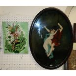 A reverse painted oval panel of a couple on a swing, and a tube lined ceramic panel of a fairy