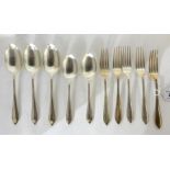 A lot comprising five silver dinner forks, three silver tablespoons and two silver dessert spoons