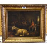 AFTER GEORGE MORLAND Game keeper and horses in a stable, signed, oil on board, dated, 1791, 30 x