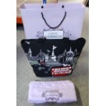 A Lulu Guinness canvas London themed bag depicting Piccadilly Circus with dust bag and paper bag