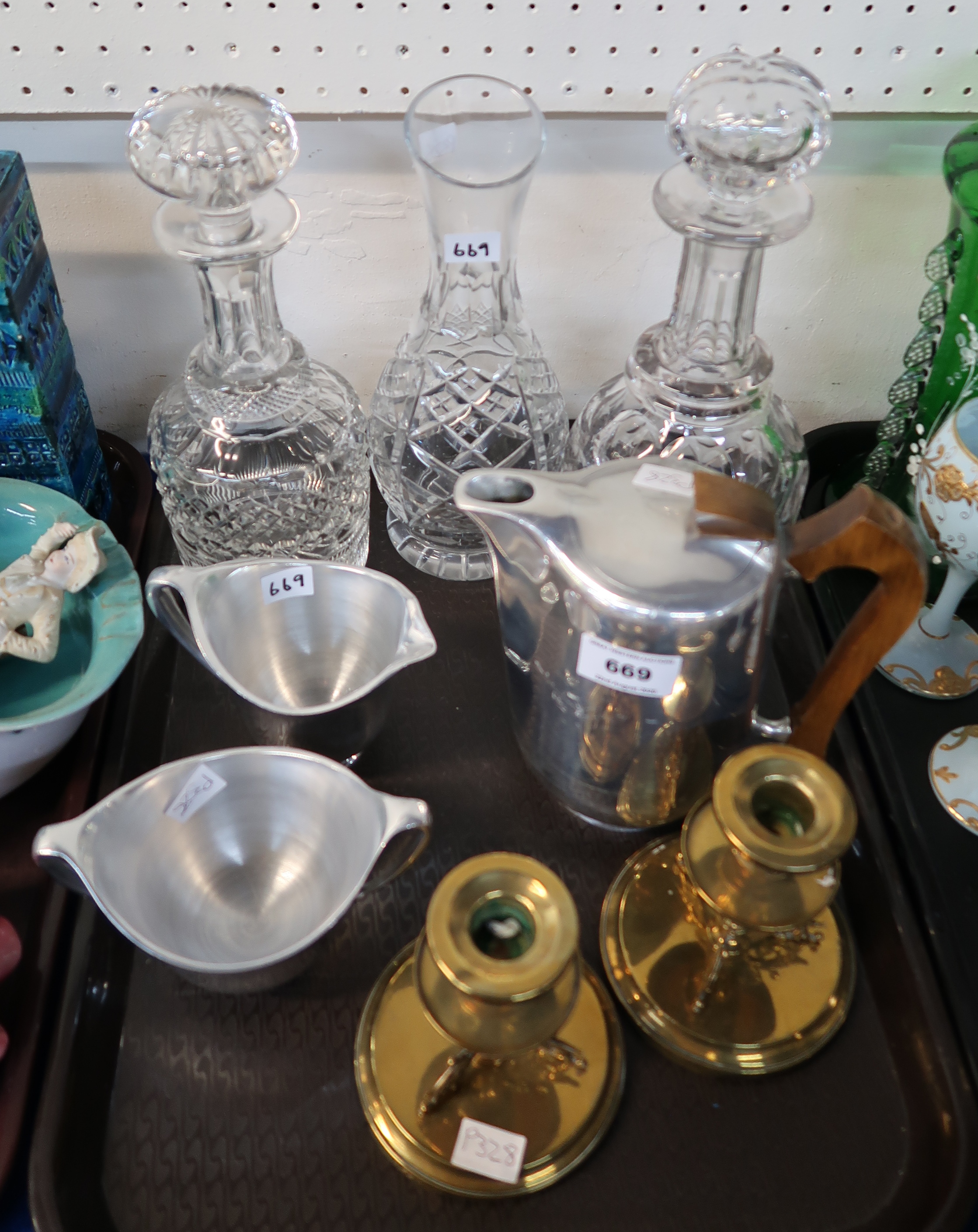 Picquot Ware hot water pot, jug and bowl, two cut glass decanters, carafe and pair of brass