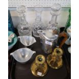 Picquot Ware hot water pot, jug and bowl, two cut glass decanters, carafe and pair of brass