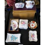 Boxed Royal Crown Derby milk jug and sugar bowl, trinket dishes and a trinket box Condition