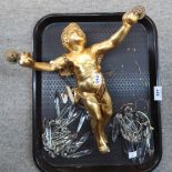 A gilded plaster cherub wall light with crystal drops Condition Report: Cherub has been broken to