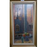 S MOLLER Fruit and figure before a window, signed, oil on board, dated, (19)34 ,49 x 24cm