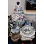 Two Lebeuf Milliet transfer printed plates titled Toulon & Lodi, three antique pottery jugs,