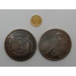 Two USA silver one dollar coins, 1921 and 1925 with a USA one dollar gold coin, 1854 Condition